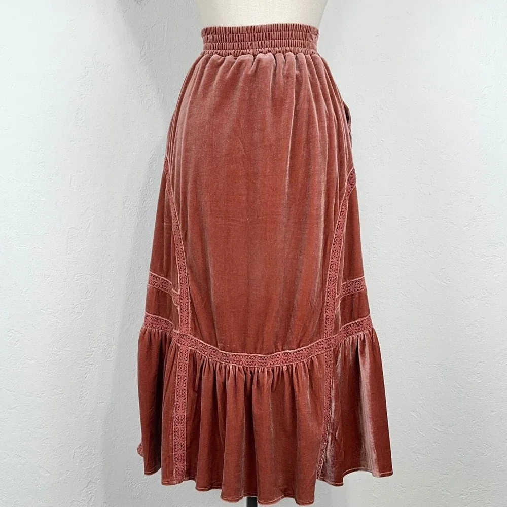 Whimsigoth Romantic Boho Maxi Skirt Size Small Dusty Rose Floral Embroidered